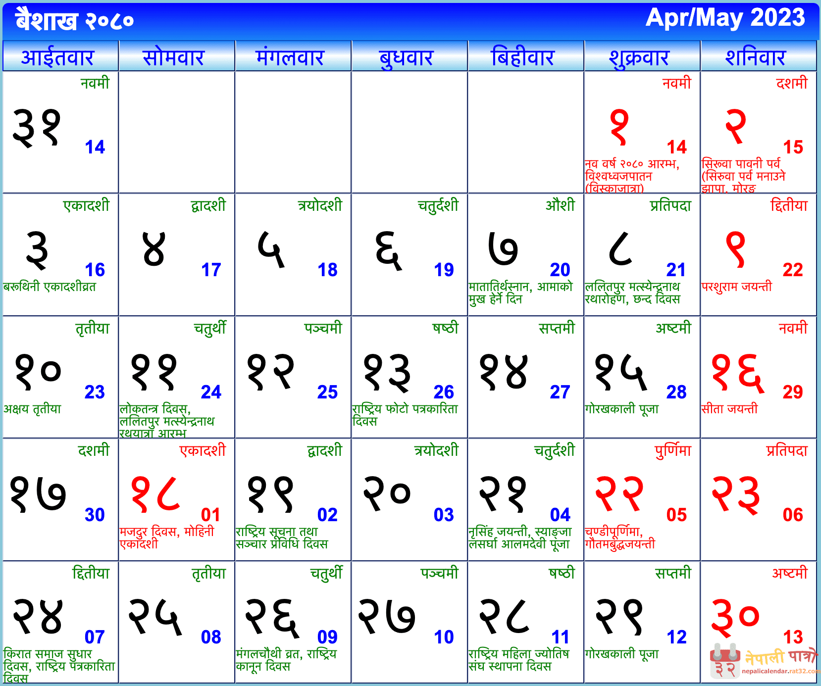 Nepali Patro - Nepali Calendar 2080 B.S.